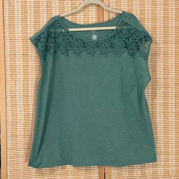 Classic Created Tops - St John's Bay Womens 2X Top Army Green Battenburg Lace Cottagecore Floral Boho